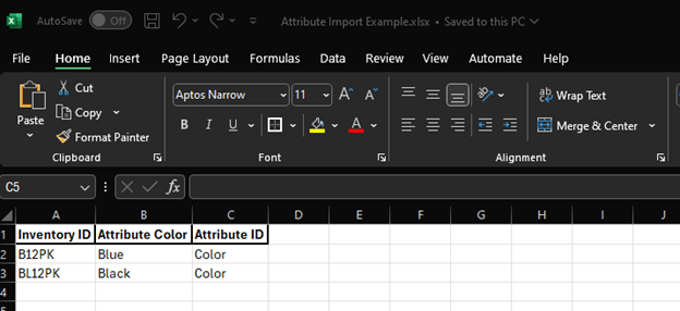 Excel file used to import attributes